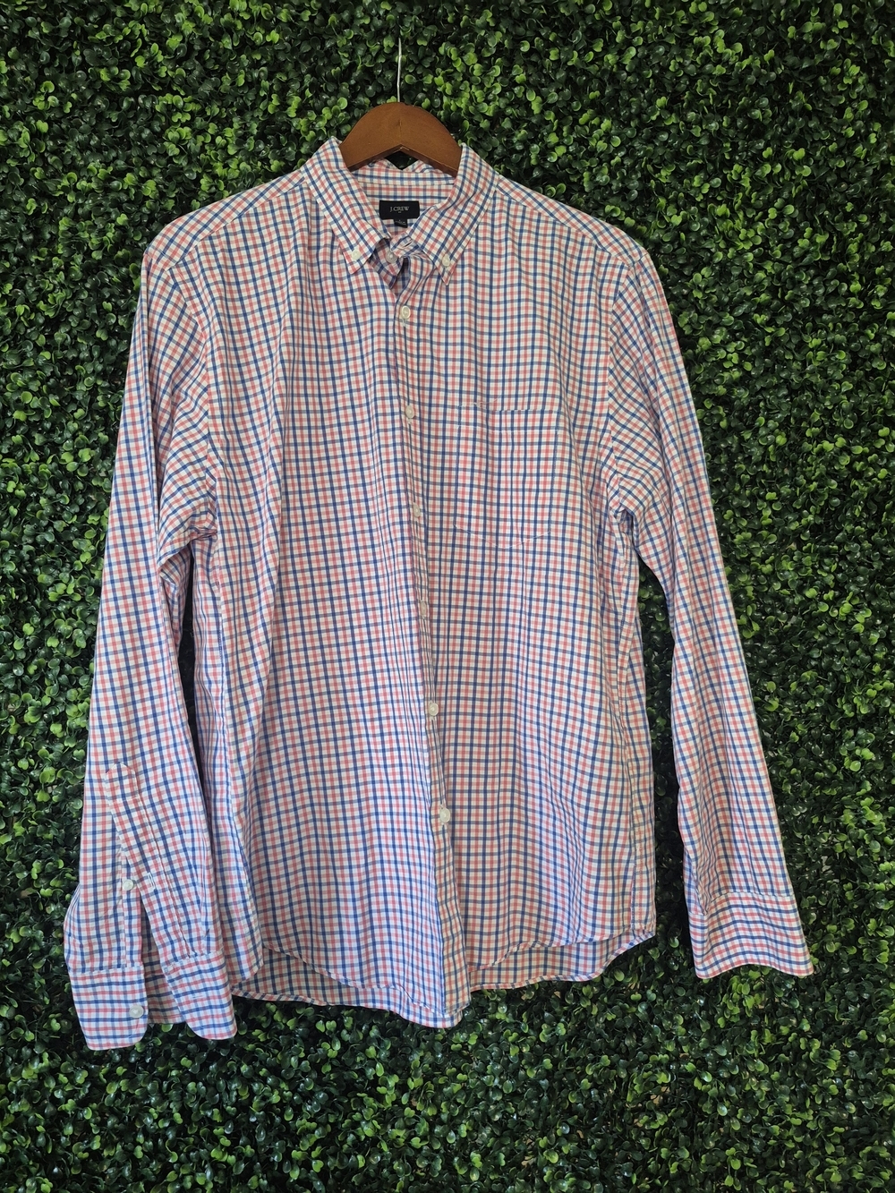 J. Crew Men's Pink and Blue Check Cotton Button-Down Shirt